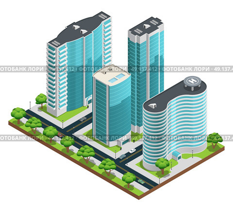 Isometric Modern City Composition. Isometric cityscape composition with modern skyscrapers and green yards on white background vector illustration. Стоковая иллюстрация, агентство Ingram Publishing / Фотобанк Лори