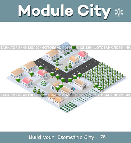 Isometric module of the modern 3D city. Winter landscape snowy trees, streets. Three-dimensional views of skyscrapers, houses, buildings and urban areas with transport roads, urban intersections. Стоковая иллюстрация, агентство Ingram Publishing / Фотобанк Лори