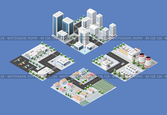Isometric module of the modern 3D city. Winter landscape snowy trees, streets. Three-dimensional views of skyscrapers, houses, buildings and urban areas with transport roads, urban intersections. Стоковая иллюстрация, агентство Ingram Publishing / Фотобанк Лори