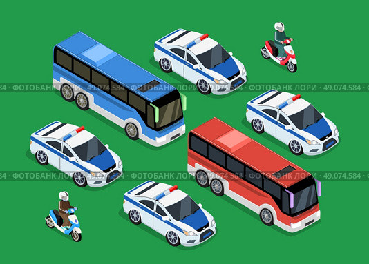 Isometric police motorcade car flat design. 3D police guard, motorcade escort, policeman on motorcycle, 3d cortege police car police protection, motorbike police patrol, transport famous safeguard. Стоковая иллюстрация, агентство Ingram Publishing / Фотобанк Лори