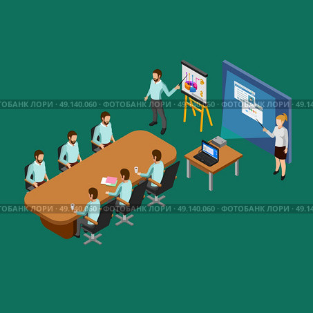 Isometric Presentation Room Concept. Isometric presentation room concept with clerks listening to reports vector illustration. Стоковая иллюстрация, агентство Ingram Publishing / Фотобанк Лори