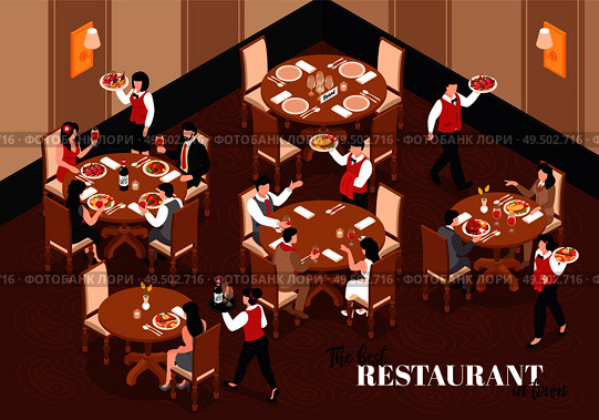 Isometric restaurant composition with indoor view of lobby with round tables and waiter characters with text vector illustration. Стоковая иллюстрация, агентство Ingram Publishing / Фотобанк Лори