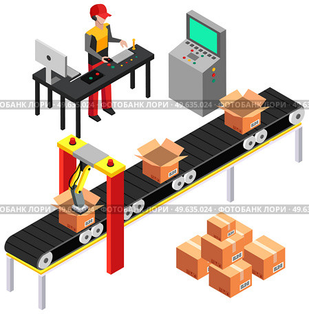 Isometric robot automation conveyor factory composition with image of automated assembly line. Robotic arm manipulator vector illustration. Mechanical arm lifts parcels and places on conveyor. Mechanical arm lifts parcels and places on conveyor. Automated assembly line with open boxes. Стоковая иллюстрация, агентство Ingram Publishing / Фотобанк Лори