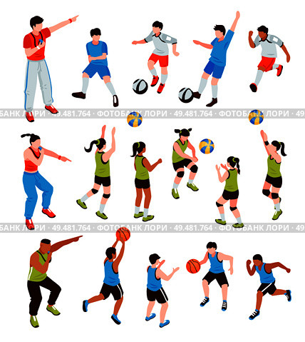 Isometric school sport kids team coach set of isolated human characters with team members and trainers vector illustration. Young Athletes Isometric Set. Стоковая иллюстрация, агентство Ingram Publishing / Фотобанк Лори