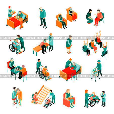 Isometric set of elderly people in different situations and medical staff in nursing home isolated vector illustration. Elderly People Nursing Home Isometric Set. Стоковая иллюстрация, агентство Ingram Publishing / Фотобанк Лори