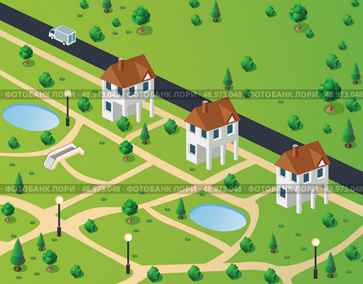 Isometric view of town houses on the background of the road. Стоковая иллюстрация, агентство Ingram Publishing / Фотобанк Лори