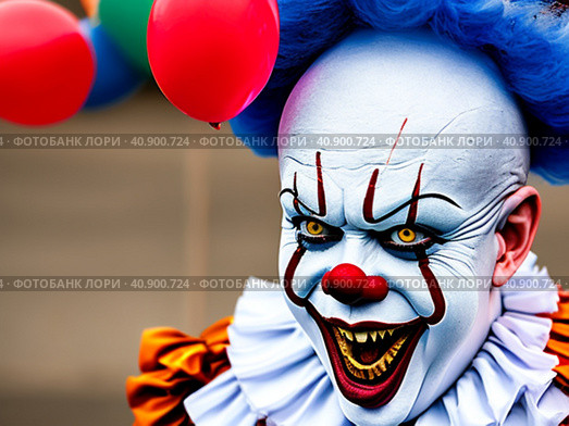 It is a shape-shifting monster, Pennywise the Clown. Appeared in the Universe. Terrible laughing grimace and evil eyes. Pennywise the Dancing Clown. Eats children and their fears. Sociopathy disease. Стоковое AI-изображение, AI-художник Юлия Петровская / Фотобанк Лори