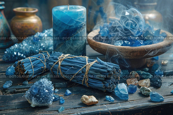Items that are often associated with meditation, esotericism or relaxation practices. In the center of the frame is a wooden bowl filled with bright blue crystals, likely lapis lazuli stones. To the left of the bowl are bundles of cloth and herbs, similar to resins or smoking sticks, that can be used for space cleansing or aromatherapy. Smoke from the resin floats above the bowl, giving the scene a mystical atmosphere. The background is made up of antique vases and natural wood, which emphasizes the naturalness and traditionality of the scene. Стоковое AI-изображение, AI-художник Анна Кривицкая / Фотобанк Лори