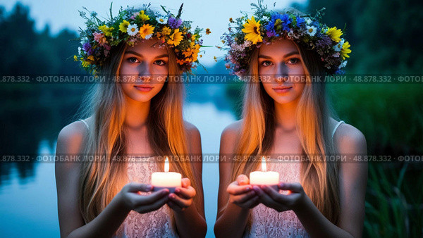 Ивана Купала,Two young women with long fair hair, wearing flower crowns, hold lit candles. They stand near a lake at twilight. Their faces are softly illuminated by candlelight, creating a serene mood. Стоковое AI-изображение, AI-художник Olga Dmitrieva / Фотобанк Лори