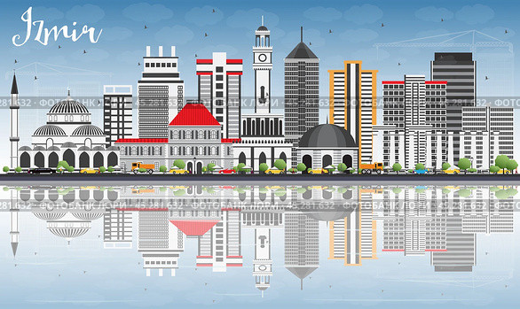Izmir Skyline with Gray Buildings, Blue Sky and Reflections. Стоковая иллюстрация, иллюстратор Игорь Сорокин / Фотобанк Лори