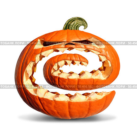 Jack-O-Lantern Pumpkin Swirl as a funky twisted Pumpkin as a halloween spooky orange character with jackolantern teeth as an autumn or fall season symbol on a white background. Стоковое фото, агентство Ingram Publishing / Фотобанк Лори