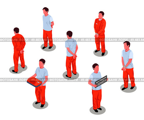 Jail inmates criminals arrested incarcerated persons male characters in prison detainee uniform isometric set isolated vector illustration. Стоковая иллюстрация, агентство Ingram Publishing / Фотобанк Лори