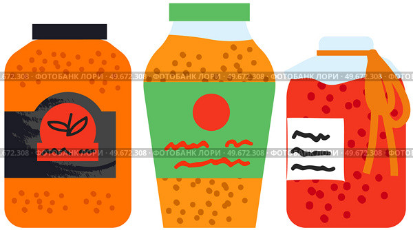 Jam, sauce or pickles jars set. Glass containers with fruit jelly, gelatin marmalade. Canned products, spicy sauces. Pickled, marinated vegetables in salty brine. Jars with green and blue substance. Jam, sauce or pickles jars set. Glass containers with fruit jelly, pickled, marinated vegetables. Стоковая иллюстрация, агентство Ingram Publishing / Фотобанк Лори