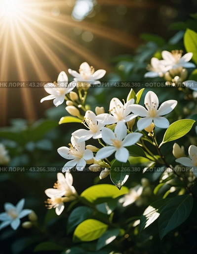 Jasmine Jasminum officinale in olive family of Oleaceae cultivated for tea fragrance. White flowers with yellow centers, blooming on a bush with green leaves. Sun shines brightly in background. AI. Стоковая иллюстрация, иллюстратор Юлия Петровская / Фотобанк Лори