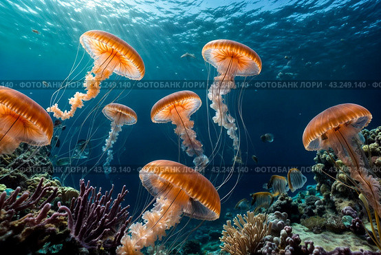 Jellyfish (Cubozoa) swimming in tropical underwaters bottom view. Medusa in underwater wild animal world. Observation of wildlife ocean. Scuba diving in Ecuador coast. Copy text space. Стоковое AI-изображение, AI-художник Aleksandr Golubev / Фотобанк Лори