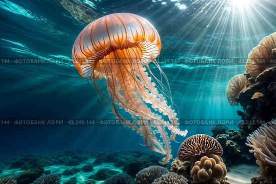 Jellyfish (Cubozoa) swimming in tropical underwaters bottom view. Medusa in underwater wild animal world. Observation of wildlife ocean. Scuba diving in Ecuador coast. Copy text space. Стоковое AI-изображение, AI-художник Aleksandr Golubev / Фотобанк Лори
