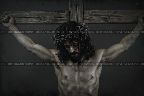 Jesus Christ is hanging on the cross. Bible stories. Стоковое AI-изображение, AI-художник Александр Поташев / Фотобанк Лори