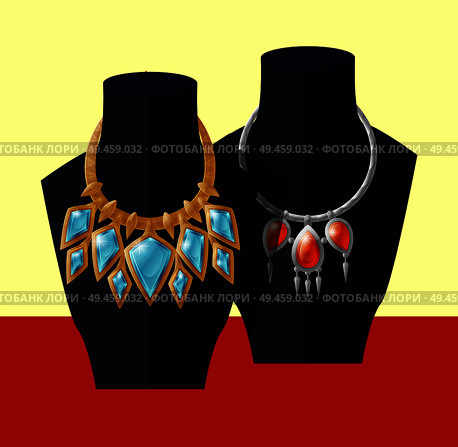 Jewelry necklaces set precious blue topaz and ruby stones on black mannequin, expensive accessory item isolated. Gold chain with aquamarines vector. Jewelry Necklaces Set Precious Blue Topaz and Ruby. Стоковая иллюстрация, агентство Ingram Publishing / Фотобанк Лори