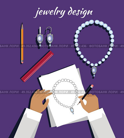 Jewerly Sketch Banner. Necklace and Earrings.. Jewerly production sketch banner. Jewelry designer works on hand drawn sketch of necklace and earrings. Draft outline of diamond unit design. Project of brilliant ornamental chain and earrings. Vector. Стоковая иллюстрация, агентство Ingram Publishing / Фотобанк Лори
