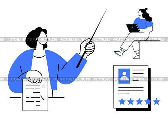 Job recruiter pointing at candidates resume with rating stars, while another candidate works on a laptop. Ideal for hiring processes, recruitment, HR analytics, job interviews, online job. Job recruiter reviewing candidate resumes and conducting online interviews for rating and selection. Стоковая иллюстрация, агентство Ingram Publishing / Фотобанк Лори