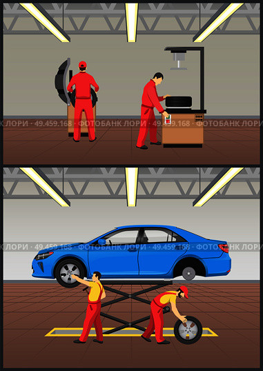 Job with automobile fixing, working people in uniforms repairing vehicle at enlightened garage, auto mechanics work collection, vector illustration. Job with Automobile Fixing Vector Illustration. Стоковая иллюстрация, агентство Ingram Publishing / Фотобанк Лори