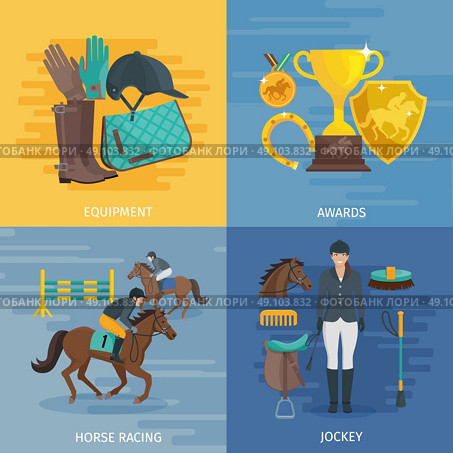 Jockey Flat Design. Flat color design composition 2x2 depicting concept of horse racing equipment equestrian awards jockey vector illustration. Стоковая иллюстрация, агентство Ingram Publishing / Фотобанк Лори