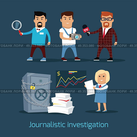 Journalistic Investigation Concept Vector Illustration. Journalistic investigation concept vector. Flat design. Financial crime, tax evasion, money laundering, corruption illustration. Set of media workers characters investigator, photographer, reporter. Стоковая иллюстрация, агентство Ingram Publishing / Фотобанк Лори