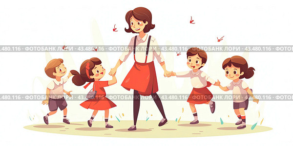 Joyful little children admire the walk together with the teacher. A flat illustration. Стоковое AI-изображение, AI-художник Ярославский Максим / Фотобанк Лори