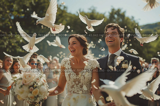 Joyful Wedding Celebration With Doves Released in Beautiful Outdoor Setting. Стоковое AI-изображение, AI-художник Сергей Толмачёв / Фотобанк Лори