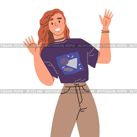 Joyful woman joins some event with open arms. Happy female cartoon character with raised hands isolated on white background. Smiling girl jumping up from joy and success. Delighted successful person. Joyful woman joins some event with her open arms. Happy female cartoon character with raised hands. Стоковая иллюстрация, агентство Ingram Publishing / Фотобанк Лори