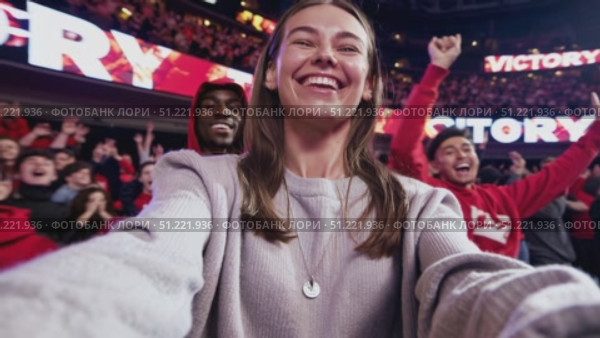 Jubilant woman taking selfies with diverse crowd cheering after victory, celebrating triumph with energetic, collective excitement inside packed stadium. Стоковое AI-видео, аниматор Юрий Поздников / Фотобанк Лори