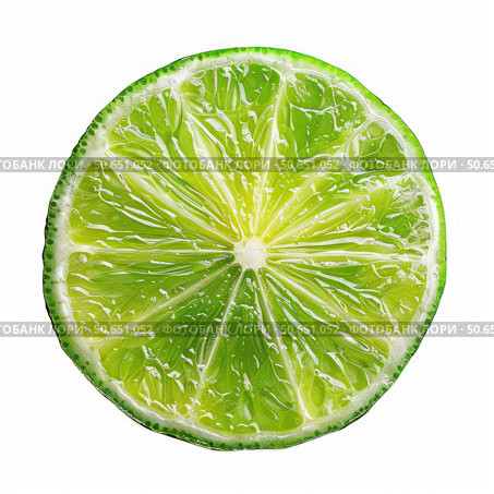 Juicy lime slice showing refreshing pulp and rind on white background. Стоковое AI-изображение, AI-художник Иван Рябоконь / Фотобанк Лори