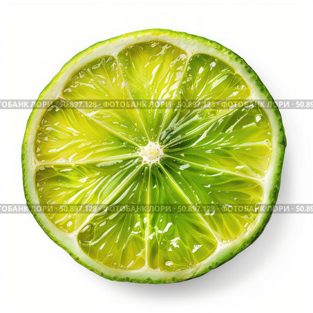 Juicy lime slice showing refreshing pulp and rind on white background. Стоковое AI-изображение, AI-художник Иван Рябоконь / Фотобанк Лори