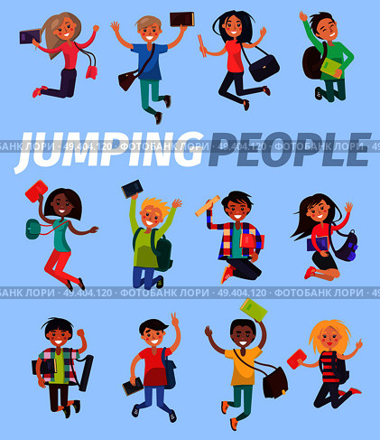 Jumping people twelve happy students flat design on blue background. Smiling pupils with school bag or backpack, tube for drawings, books or tutorials. Vector illustration of bouncing studying folk.. Jumping People Twelve Happy Students Flat Design. Стоковая иллюстрация, агентство Ingram Publishing / Фотобанк Лори