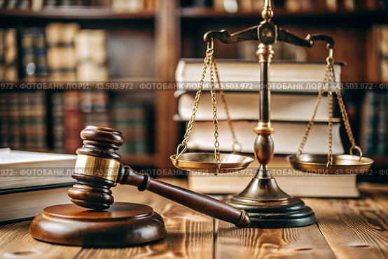 Justice and the law. A wooden hammer, books and scales on the table. The court session. Стоковое AI-изображение, AI-художник Photojuli / Фотобанк Лори