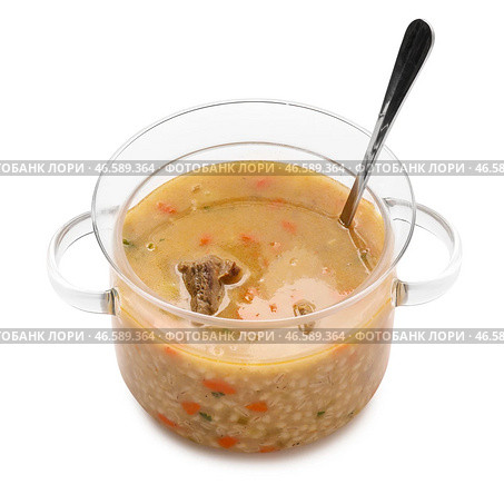 Кастрюля с вкусным ячменным супом на белом фоне. Стоковое фото, фотограф Pixel_shot / Фотобанк Лори