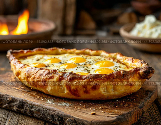 Khachapuri in Adjarian style. Traditional khachapuri in Adjarian style is prepared with a filling of cheese and egg. Стоковое AI-изображение, AI-художник Сергей Елизарьев / Фотобанк Лори