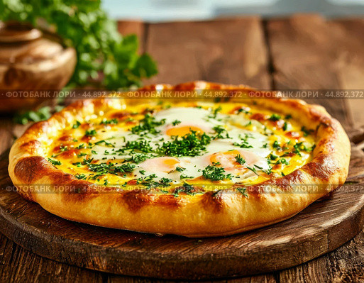 Khachapuri in Adjarian style. Traditional khachapuri in Adjarian style is prepared with a filling of cheese and egg. Стоковое AI-изображение, AI-художник Сергей Елизарьев / Фотобанк Лори