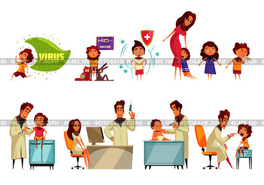 Kids vaccination decorative icons set with doctors and parents who bring their kids to receiving vaccine flat vector illustration. Kids Vaccine Decorative Icons Set. Стоковая иллюстрация, агентство Ingram Publishing / Фотобанк Лори