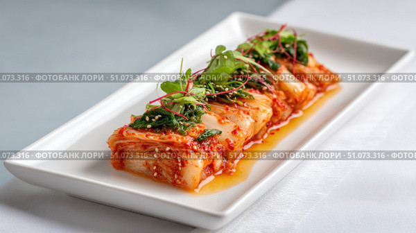 Kimchi fermented napa cabbage with herbs and sesame seeds on white plate. Стоковое AI-изображение, AI-художник Юрий Поздников / Фотобанк Лори