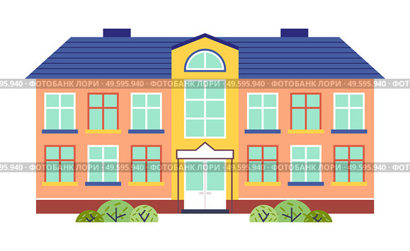 Kindergarten or school building cartoon flat style vector illustration isolated on white. Two-story building for children in bright colors with a blue roof. Modern kindergarten or junior School. Kindergarten or school building cartoon flat style vector illustration isolated on white background. Стоковая иллюстрация, агентство Ingram Publishing / Фотобанк Лори