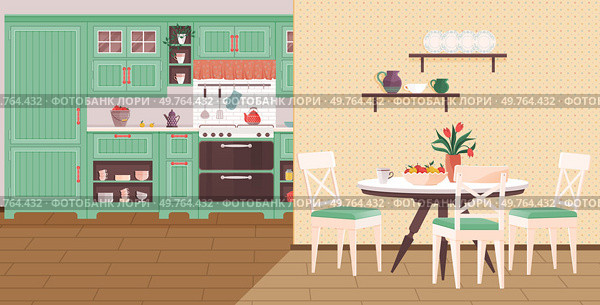 Kitchen interior vector illustration. A well-equipped kitchen interior concept turns cooking into pleasurable ritual The domestic kitchen, adorned with stylish decor, becomes heart home Comfy dining. Kitchen interior. Homely decor in kitchen enhances dining experience for cosy ambiance. Стоковая иллюстрация, агентство Ingram Publishing / Фотобанк Лори