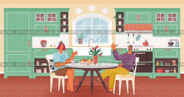 Kitchen interior vector illustration. Comfy and stylish furniture in kitchen and dining room fosters family unity Decoration and cookware in kitchen create warm and welcoming ambiance A well-designed. Kitchen interior. The dining room, extension kitchen, completes homely ambiance. Стоковая иллюстрация, агентство Ingram Publishing / Фотобанк Лори
