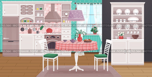Kitchen vector illustration. Living spaces flourish when kitchen is harmonious blend style and utility Cookware and utensils, well-organized, turn kitchen into culinary masterpiece The kitchen. Kitchen. Cookware and utensils organize kitchen, turning it into efficient living space. Стоковое фото, агентство Ingram Publishing / Фотобанк Лори