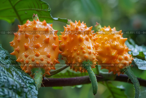 Kiwano cucumis metuliferus horned melon hanging from branch. Стоковое AI-изображение, AI-художник Иван Рябоконь / Фотобанк Лори