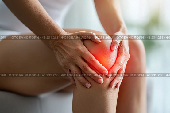 Knee pain, joint inflammation, arthritis and degenerative changes, woman suffering from leg ache and doing self-massage. Стоковое AI-изображение, AI-художник Станислав Тарко / Фотобанк Лори