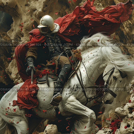 Knight in armor sitting on a white war horse. The knight is dressed in a black suit with metal armor elements and a helmet with a visor that partially hides his face. A bright red cape flutters behind him in the wind, adding drama and dynamism to the scene. The horse looks powerful and energetic, with a flowing white mane. The background of the image consists of a rocky landscape, enhancing the sense of severity and grandeur. Falling red leaves are visible around the knight and horse, adding an artistic touch and color accents. Стоковое AI-изображение, AI-художник Анна Кривицкая / Фотобанк Лори