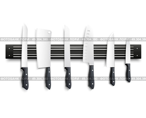 Knives On Magnetic Strip 3D Illustration. Variety of kitchen knives with black handle on magnetic strip on white background 3d vector illustration. Стоковая иллюстрация, агентство Ingram Publishing / Фотобанк Лори