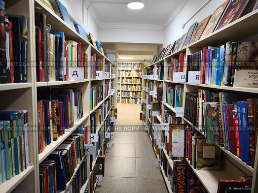 Книжные полки в библиотеке или книжном магазине. Редакционное фото, фотограф Мария Сергеева / Фотобанк Лори