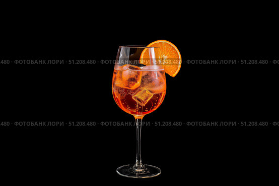 Коктейль апероль шприц Aperol Spritz с кусочками льда и долькой апельсина в винном бокале на черном фоне. Стоковое AI-изображение, AI-художник Кирилл Сиротюк / Фотобанк Лори